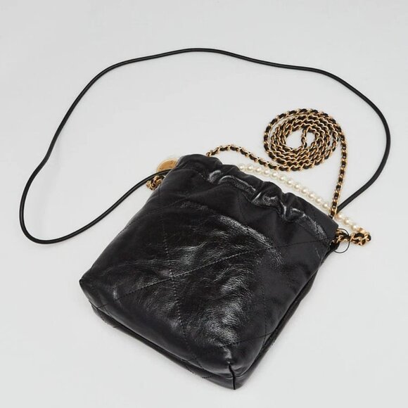 Chanel Black Quilted Shiny Calfskin Leather Pearl Strap Chanel 22 Mini Bag - Picture 3 of 11